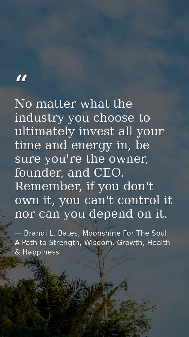 No matter what the industry you choose to ultimately invest all your time and energy in, be sure you're the owner, found — Brandi L. Bates, Moonshine For The Soul: A Path to Strength, Wisdom, Growth, Health & Happiness