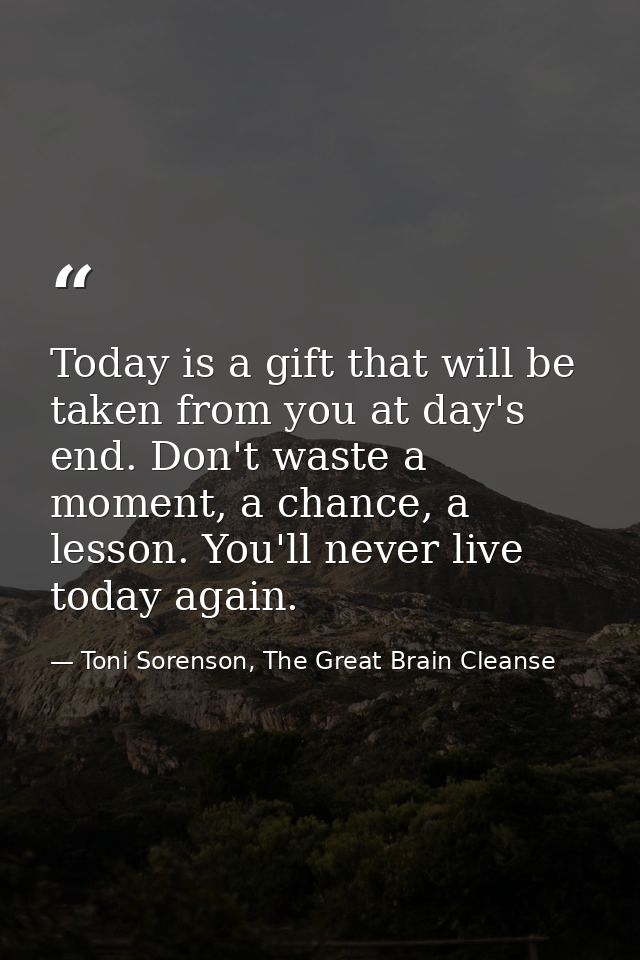 Today is a gift that will be taken from you at day's end. Don't waste a moment, a chance, a lesson. You'll never live to — Toni Sorenson, The Great Brain Cleanse