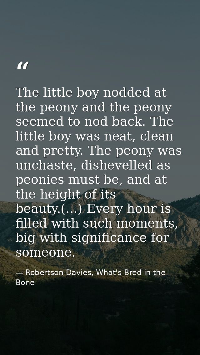 The little boy nodded at the peony and the peony seemed to nod back. The little boy was neat, clean and pretty. The peon — Robertson Davies, What's Bred in the Bone