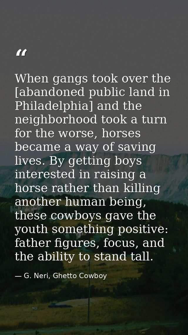 When gangs took over the [abandoned public land in Philadelphia] and the neighborhood took a turn for the worse, horses  — G. Neri, Ghetto Cowboy