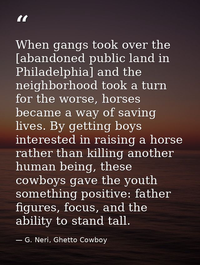 When gangs took over the [abandoned public land in Philadelphia] and the neighborhood took a turn for the worse, horses  — G. Neri, Ghetto Cowboy