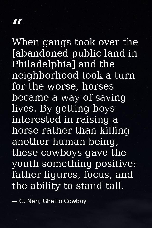 When gangs took over the [abandoned public land in Philadelphia] and the neighborhood took a turn for the worse, horses  — G. Neri, Ghetto Cowboy
