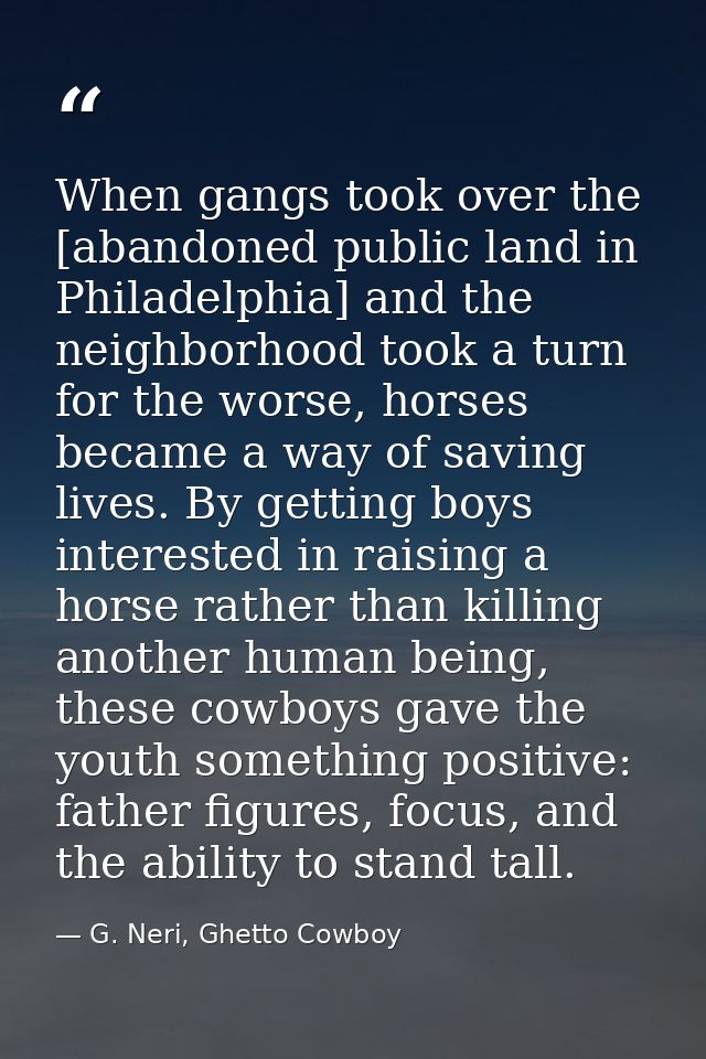 When gangs took over the [abandoned public land in Philadelphia] and the neighborhood took a turn for the worse, horses  — G. Neri, Ghetto Cowboy