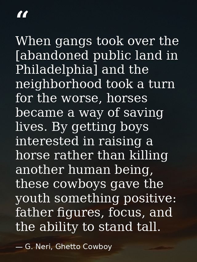When gangs took over the [abandoned public land in Philadelphia] and the neighborhood took a turn for the worse, horses  — G. Neri, Ghetto Cowboy