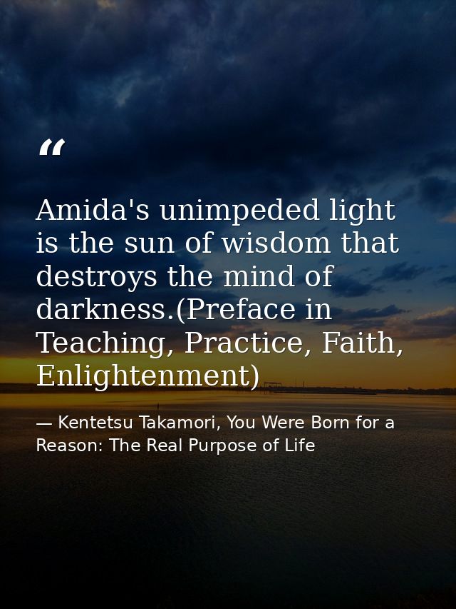 Amida's unimpeded light is the sun of wisdom that destroys the mind of darkness.(Preface in Teaching, Practice, Faith, E — Kentetsu Takamori, You Were Born for a Reason: The Real Purpose of Life