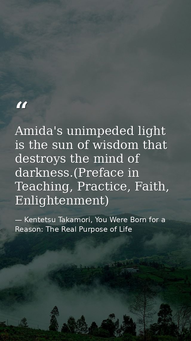 Amida's unimpeded light is the sun of wisdom that destroys the mind of darkness.(Preface in Teaching, Practice, Faith, E — Kentetsu Takamori, You Were Born for a Reason: The Real Purpose of Life