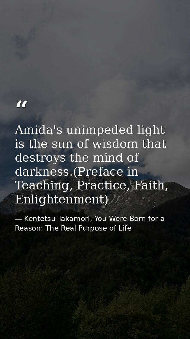 Amida's unimpeded light is the sun of wisdom that destroys the mind of darkness.(Preface in Teaching, Practice, Faith, E — Kentetsu Takamori, You Were Born for a Reason: The Real Purpose of Life