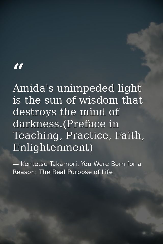 Amida's unimpeded light is the sun of wisdom that destroys the mind of darkness.(Preface in Teaching, Practice, Faith, E — Kentetsu Takamori, You Were Born for a Reason: The Real Purpose of Life