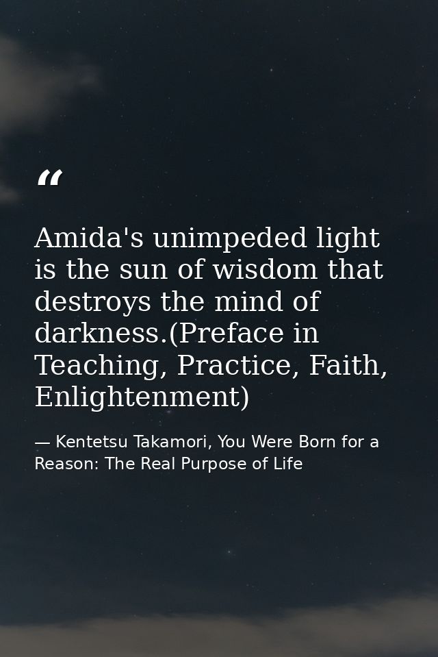 Amida's unimpeded light is the sun of wisdom that destroys the mind of darkness.(Preface in Teaching, Practice, Faith, E — Kentetsu Takamori, You Were Born for a Reason: The Real Purpose of Life