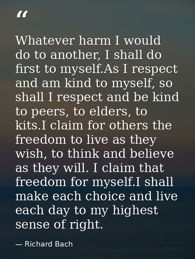 Whatever harm I would do to another, I shall do first to myself.As I respect and am kind to myself, so shall I respect a — Richard Bach