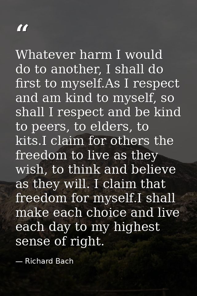 Whatever harm I would do to another, I shall do first to myself.As I respect and am kind to myself, so shall I respect a — Richard Bach