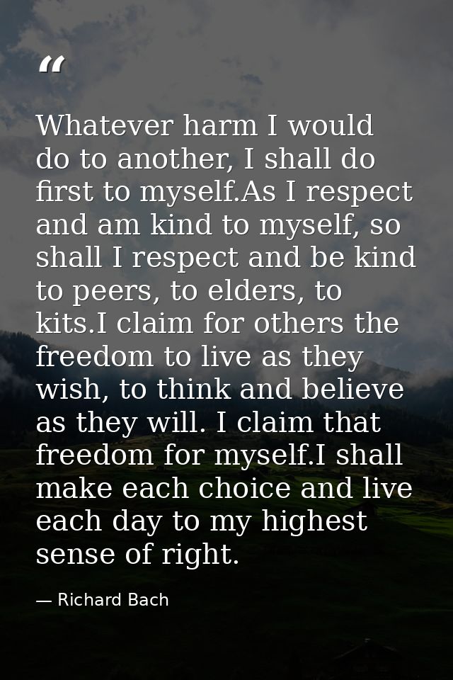 Whatever harm I would do to another, I shall do first to myself.As I respect and am kind to myself, so shall I respect a — Richard Bach