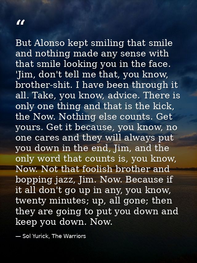 But Alonso kept smiling that smile and nothing made any sense with that smile looking you in the face. 'Jim, don't tell  — Sol Yurick, The Warriors
