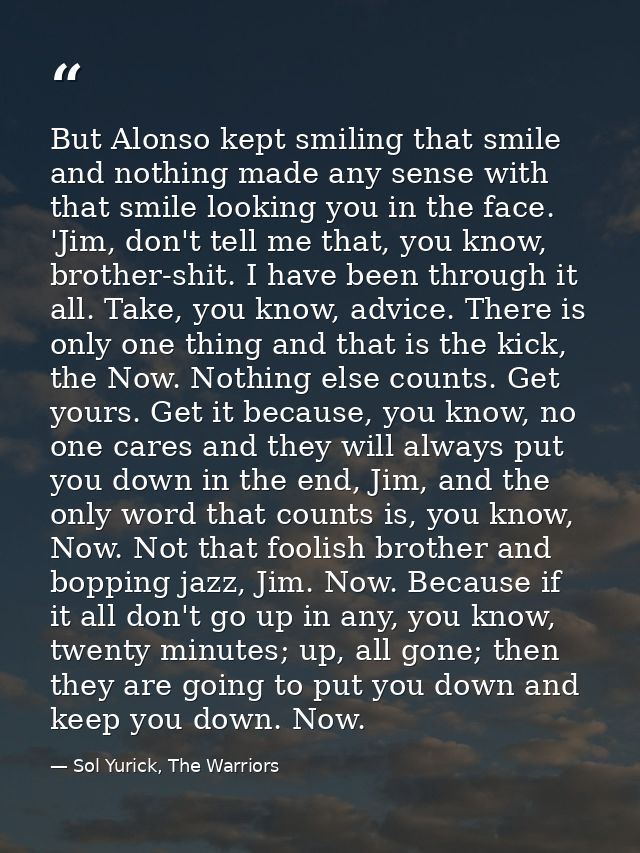But Alonso kept smiling that smile and nothing made any sense with that smile looking you in the face. 'Jim, don't tell  — Sol Yurick, The Warriors