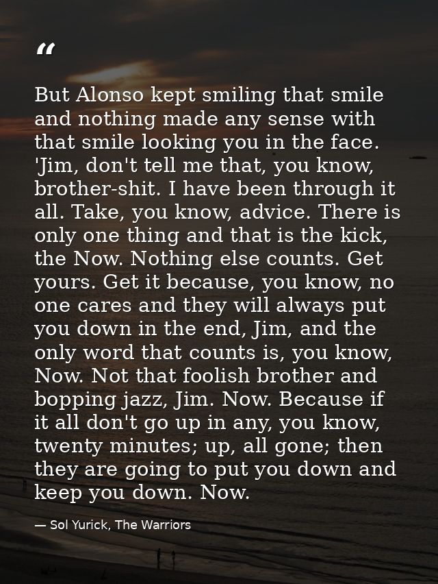 But Alonso kept smiling that smile and nothing made any sense with that smile looking you in the face. 'Jim, don't tell  — Sol Yurick, The Warriors