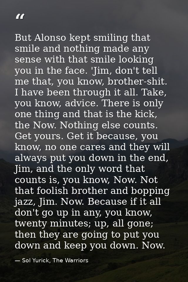 But Alonso kept smiling that smile and nothing made any sense with that smile looking you in the face. 'Jim, don't tell  — Sol Yurick, The Warriors