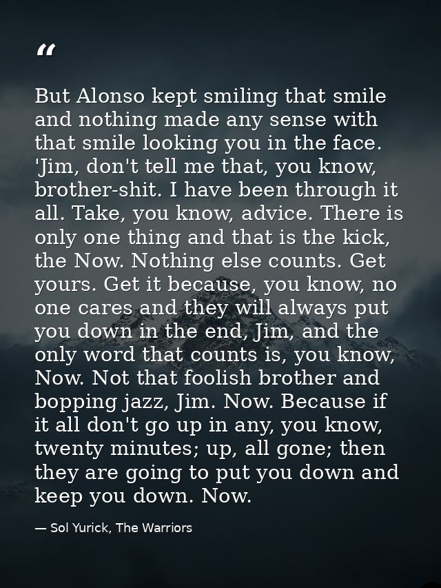 But Alonso kept smiling that smile and nothing made any sense with that smile looking you in the face. 'Jim, don't tell  — Sol Yurick, The Warriors
