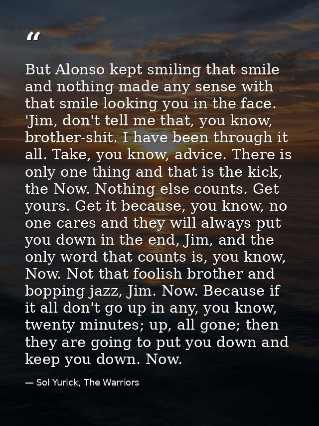 But Alonso kept smiling that smile and nothing made any sense with that smile looking you in the face. 'Jim, don't tell  — Sol Yurick, The Warriors