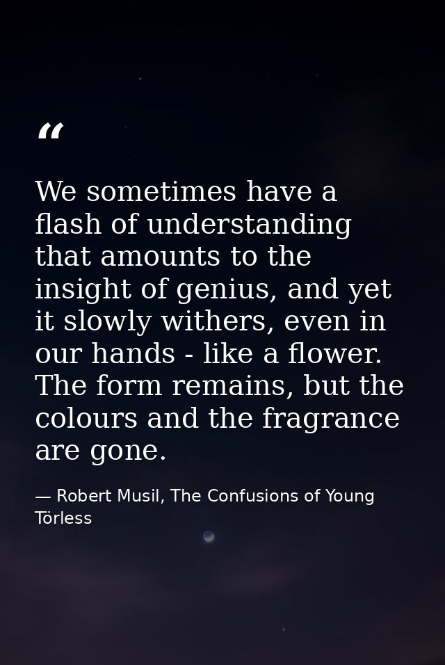 We sometimes have a flash of understanding that amounts to the insight of genius, and yet it slowly withers, even in our — Robert Musil, The Confusions of Young Törless