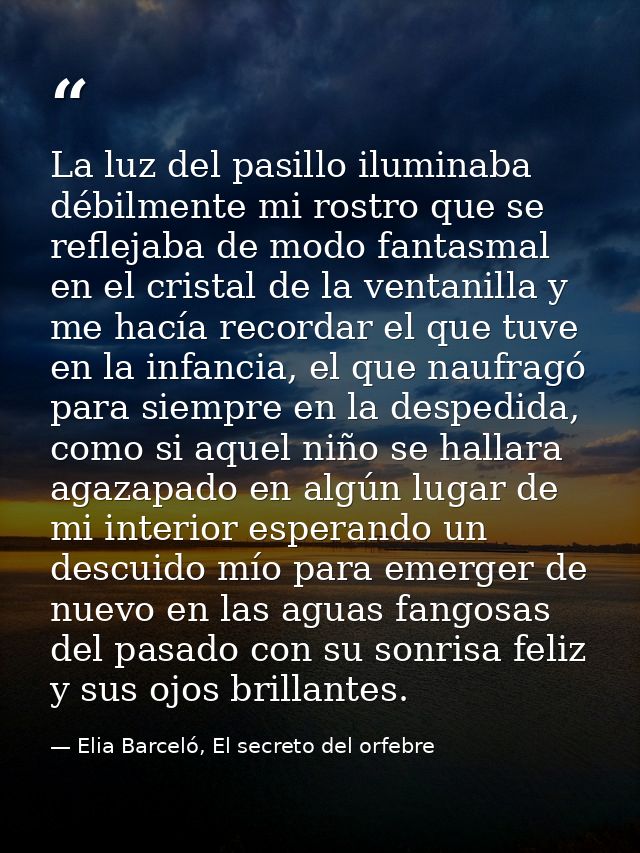 La luz del pasillo iluminaba débilmente mi rostro que se reflejaba de modo fantasmal en el cristal de la ventanilla y me — Elia Barceló, El secreto del orfebre