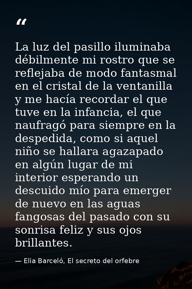 La luz del pasillo iluminaba débilmente mi rostro que se reflejaba de modo fantasmal en el cristal de la ventanilla y me — Elia Barceló, El secreto del orfebre