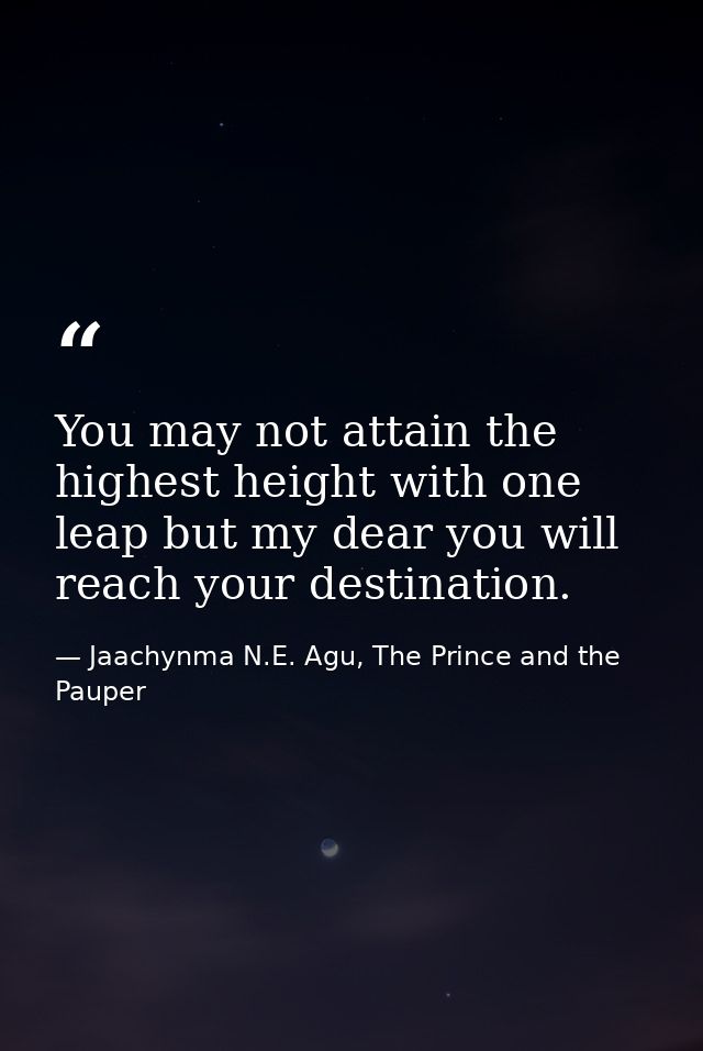 You may not attain the highest height with one leap but my dear you will reach your destination. — Jaachynma N.E. Agu, The Prince and the Pauper