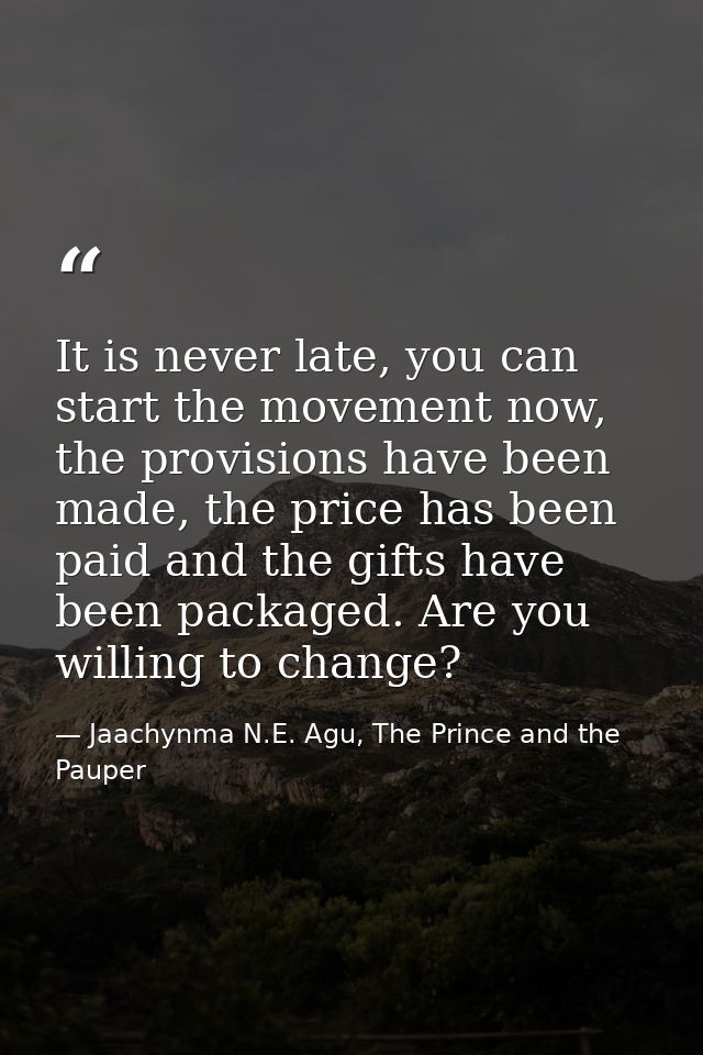 It is never late, you can start the movement now, the provisions have been made, the price has been paid and the gifts h — Jaachynma N.E. Agu, The Prince and the Pauper