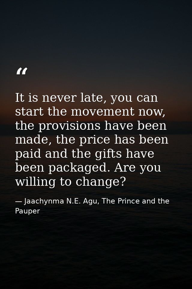 It is never late, you can start the movement now, the provisions have been made, the price has been paid and the gifts h — Jaachynma N.E. Agu, The Prince and the Pauper