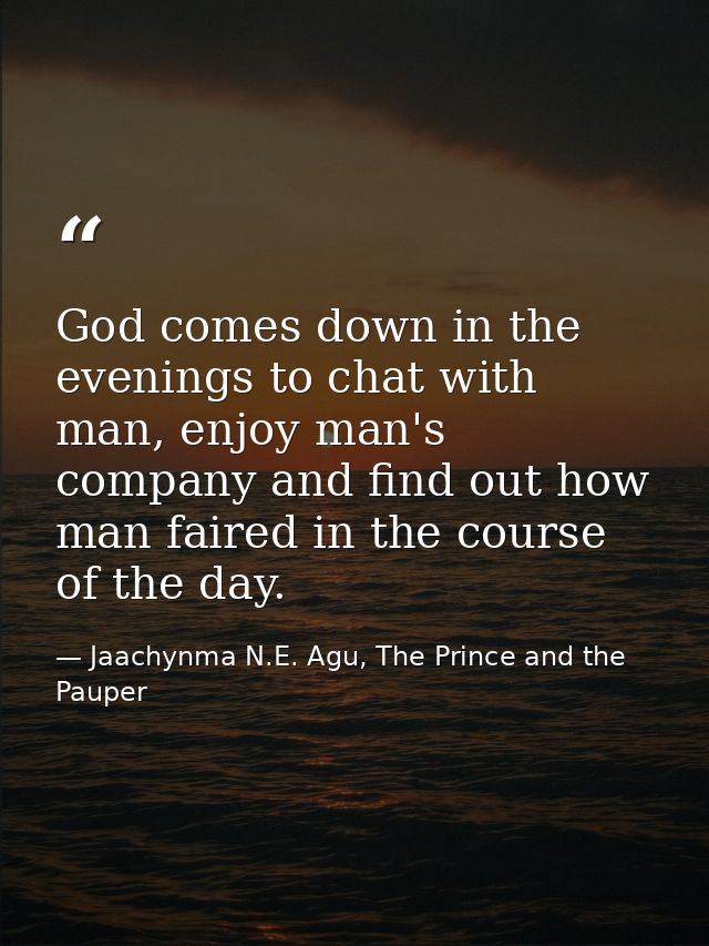 God comes down in the evenings to chat with man, enjoy man's company and find out how man faired in the course of the da — Jaachynma N.E. Agu, The Prince and the Pauper