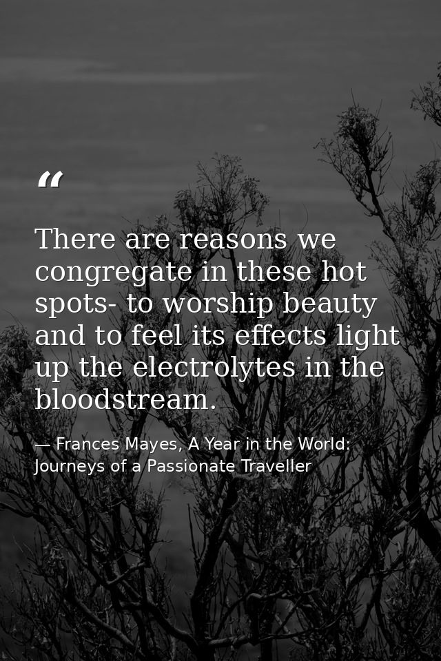 There are reasons we congregate in these hot spots- to worship beauty and to feel its effects light up the electrolytes  — Frances Mayes, A Year in the World: Journeys of a Passionate Traveller