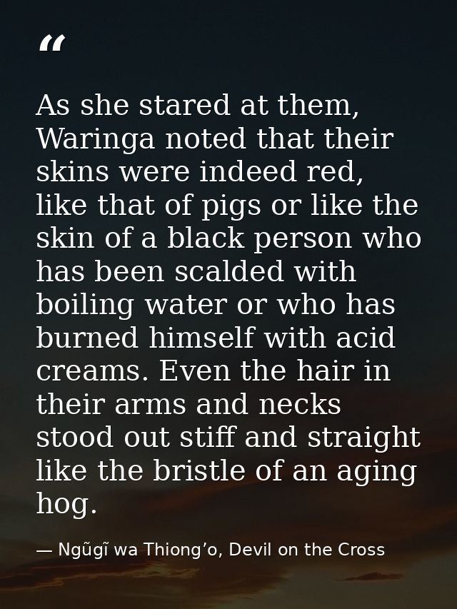 As she stared at them, Waringa noted that their skins were indeed red, like that of pigs or like the skin of a black per — Ngũgĩ wa Thiong’o, Devil on the Cross