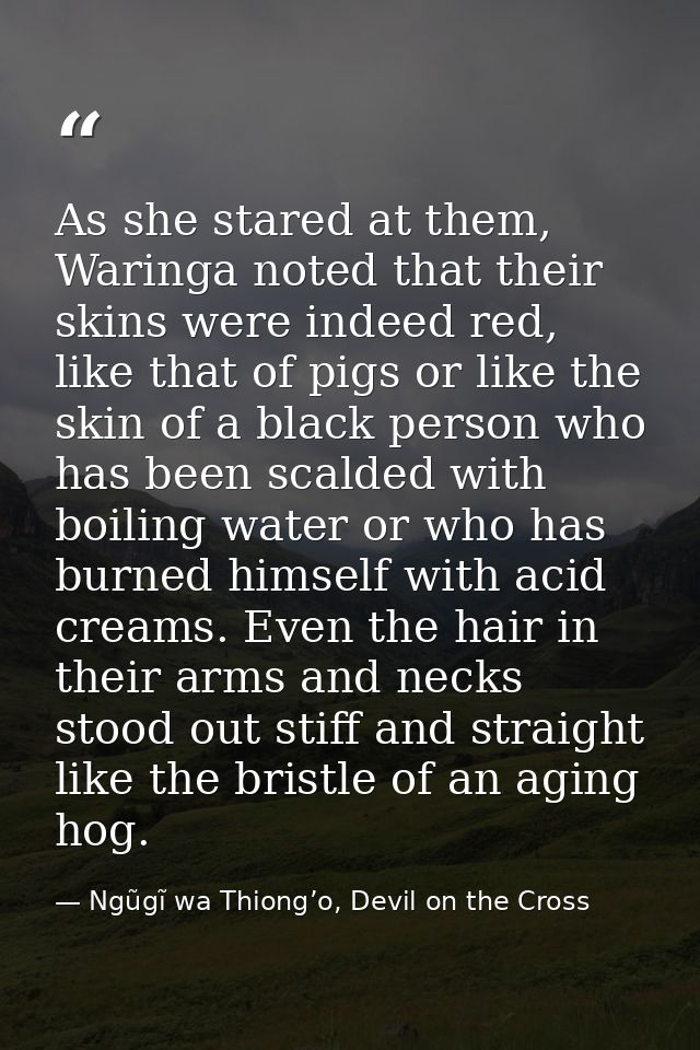 As she stared at them, Waringa noted that their skins were indeed red, like that of pigs or like the skin of a black per — Ngũgĩ wa Thiong’o, Devil on the Cross