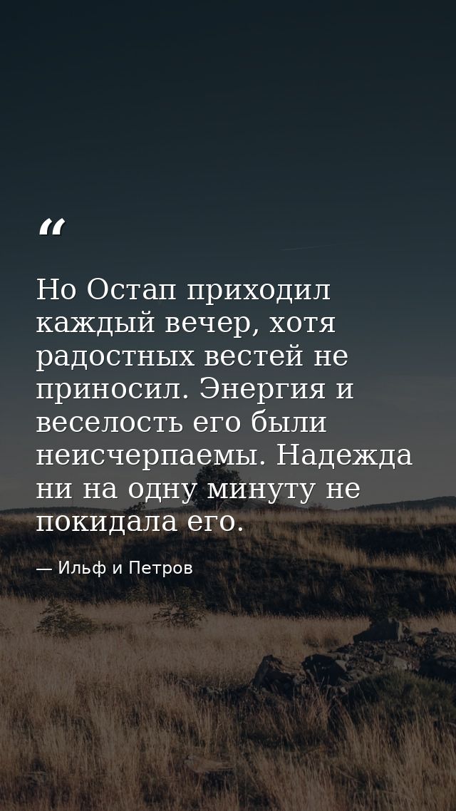 Но Остап приходил каждый вечер, хотя радостных вестей не приносил. Энергия и веселость его были неисчерпаемы. Надежда ни — Ильф и Петров