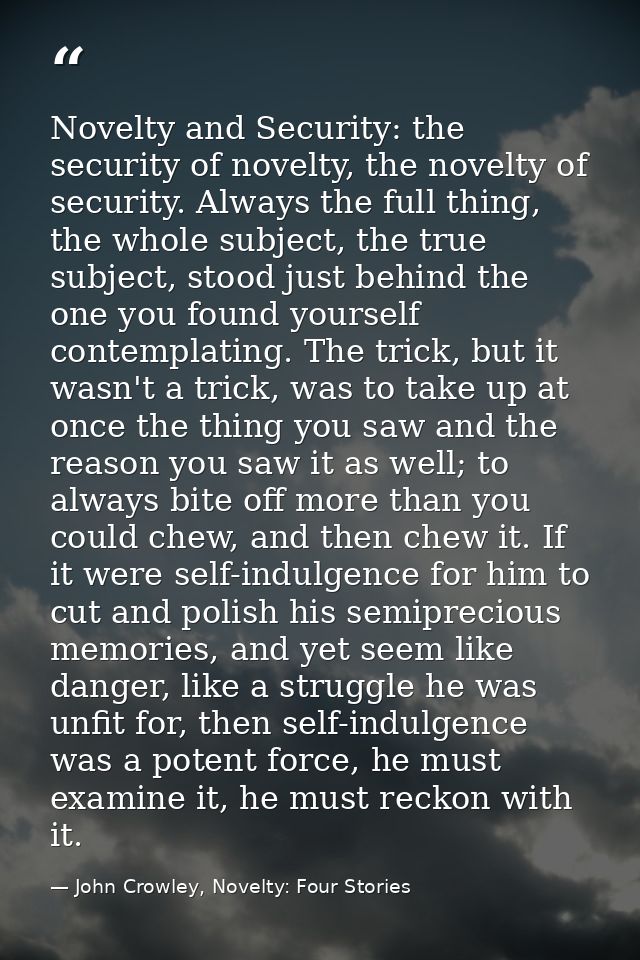 Novelty and Security: the security of novelty, the novelty of security. Always the full thing, the whole subject, the tr — John Crowley, Novelty: Four Stories