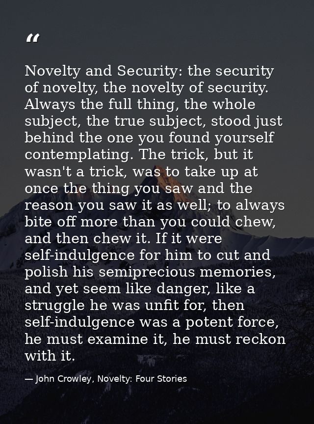 Novelty and Security: the security of novelty, the novelty of security. Always the full thing, the whole subject, the tr — John Crowley, Novelty: Four Stories