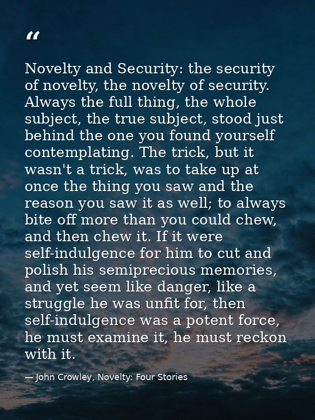 Novelty and Security: the security of novelty, the novelty of security. Always the full thing, the whole subject, the tr — John Crowley, Novelty: Four Stories