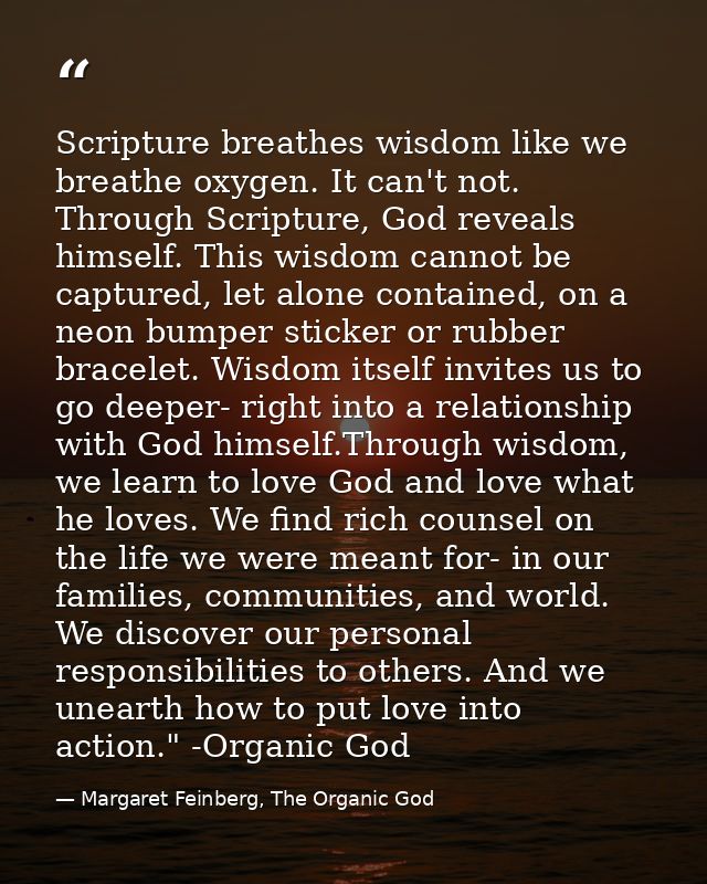 Scripture breathes wisdom like we breathe oxygen. It can't not. Through Scripture, God reveals himself. This wisdom cann — Margaret Feinberg, The Organic God