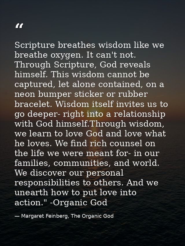 Scripture breathes wisdom like we breathe oxygen. It can't not. Through Scripture, God reveals himself. This wisdom cann — Margaret Feinberg, The Organic God
