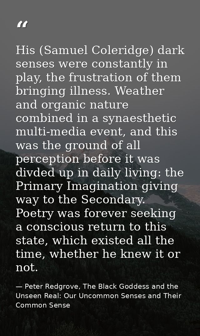 His (Samuel Coleridge) dark senses were constantly in play, the frustration of them bringing illness. Weather and organi — Peter Redgrove, The Black Goddess and the Unseen Real: Our Uncommon Senses and Their Common Sense