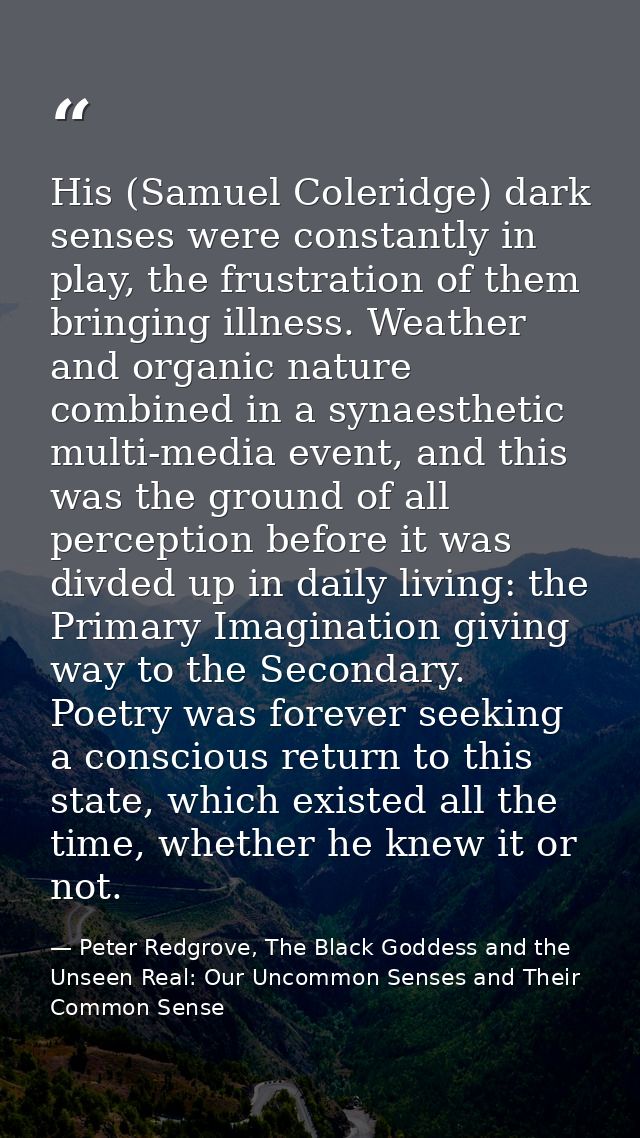 His (Samuel Coleridge) dark senses were constantly in play, the frustration of them bringing illness. Weather and organi — Peter Redgrove, The Black Goddess and the Unseen Real: Our Uncommon Senses and Their Common Sense
