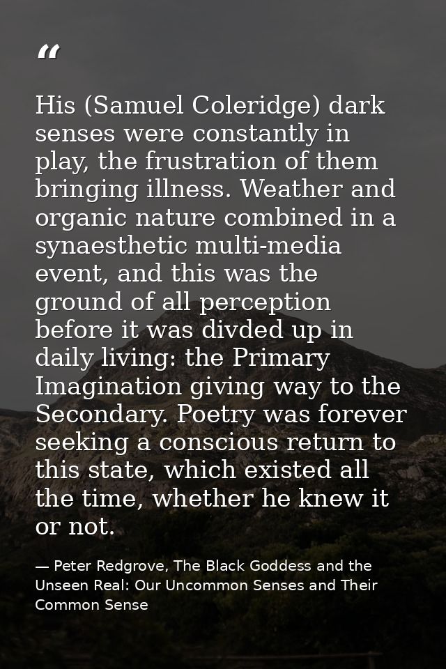His (Samuel Coleridge) dark senses were constantly in play, the frustration of them bringing illness. Weather and organi — Peter Redgrove, The Black Goddess and the Unseen Real: Our Uncommon Senses and Their Common Sense