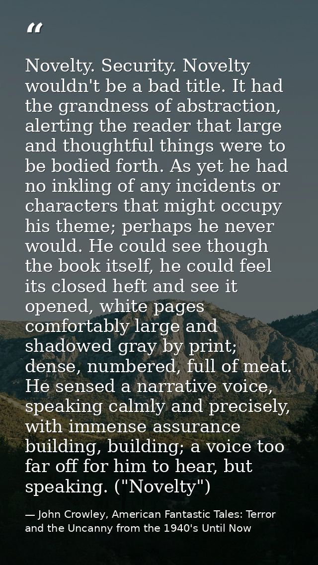 Novelty. Security. Novelty wouldn't be a bad title. It had the grandness of abstraction, alerting the reader that large  — John Crowley, American Fantastic Tales: Terror and the Uncanny from the 1940's Until Now