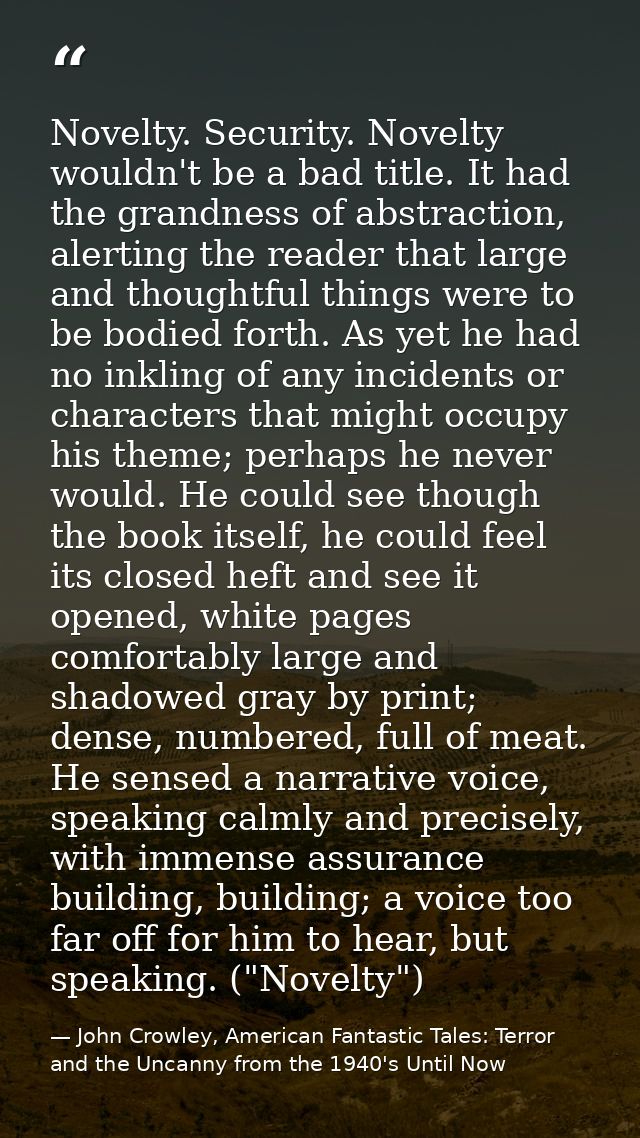 Novelty. Security. Novelty wouldn't be a bad title. It had the grandness of abstraction, alerting the reader that large  — John Crowley, American Fantastic Tales: Terror and the Uncanny from the 1940's Until Now