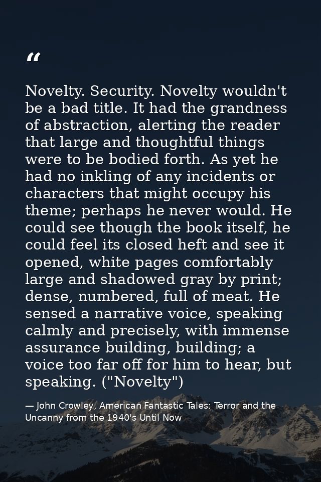 Novelty. Security. Novelty wouldn't be a bad title. It had the grandness of abstraction, alerting the reader that large  — John Crowley, American Fantastic Tales: Terror and the Uncanny from the 1940's Until Now