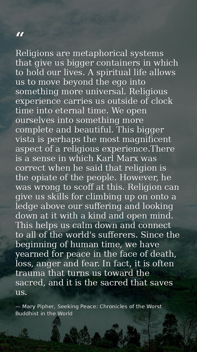 Religions are metaphorical systems that give us bigger containers in which to hold our lives. A spiritual life allows us — Mary Pipher, Seeking Peace: Chronicles of the Worst Buddhist in the World