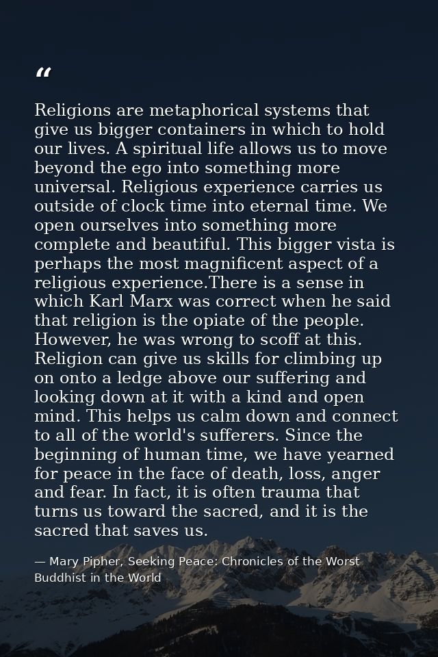 Religions are metaphorical systems that give us bigger containers in which to hold our lives. A spiritual life allows us — Mary Pipher, Seeking Peace: Chronicles of the Worst Buddhist in the World