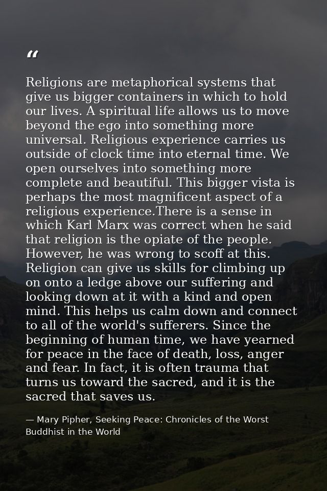 Religions are metaphorical systems that give us bigger containers in which to hold our lives. A spiritual life allows us — Mary Pipher, Seeking Peace: Chronicles of the Worst Buddhist in the World