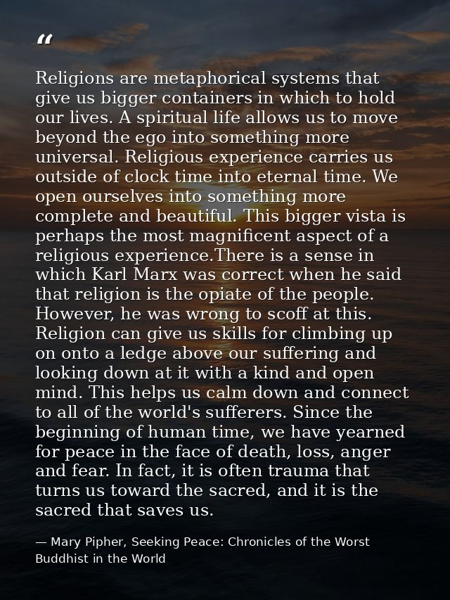 Religions are metaphorical systems that give us bigger containers in which to hold our lives. A spiritual life allows us — Mary Pipher, Seeking Peace: Chronicles of the Worst Buddhist in the World
