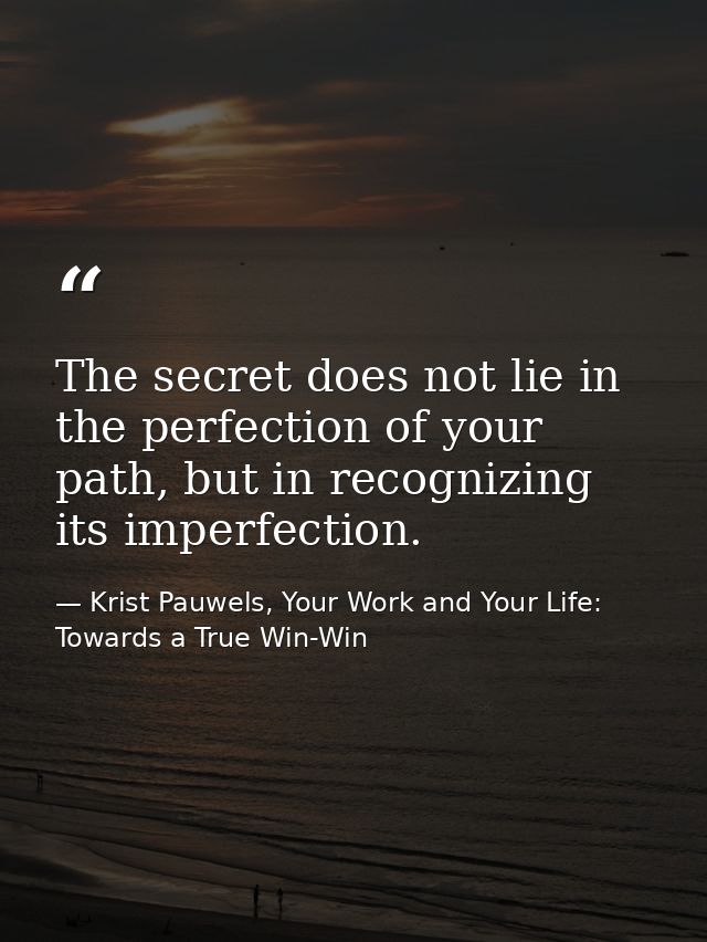 The secret does not lie in the perfection of your path, but in recognizing its imperfection. — Krist Pauwels, Your Work and Your Life: Towards a True Win-Win
