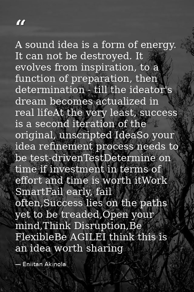 A sound idea is a form of energy. It can not be destroyed. It evolves from inspiration, to a function of preparation, th — Eniitan Akinola